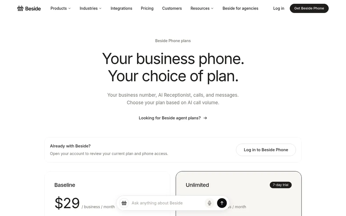Captura de la página de precios de Beside (https://www.beside.com/phone/pricing)