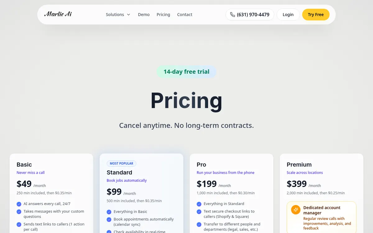 Captura de la página de precios de Marlie AI (https://www.marlie.ai/pricing)