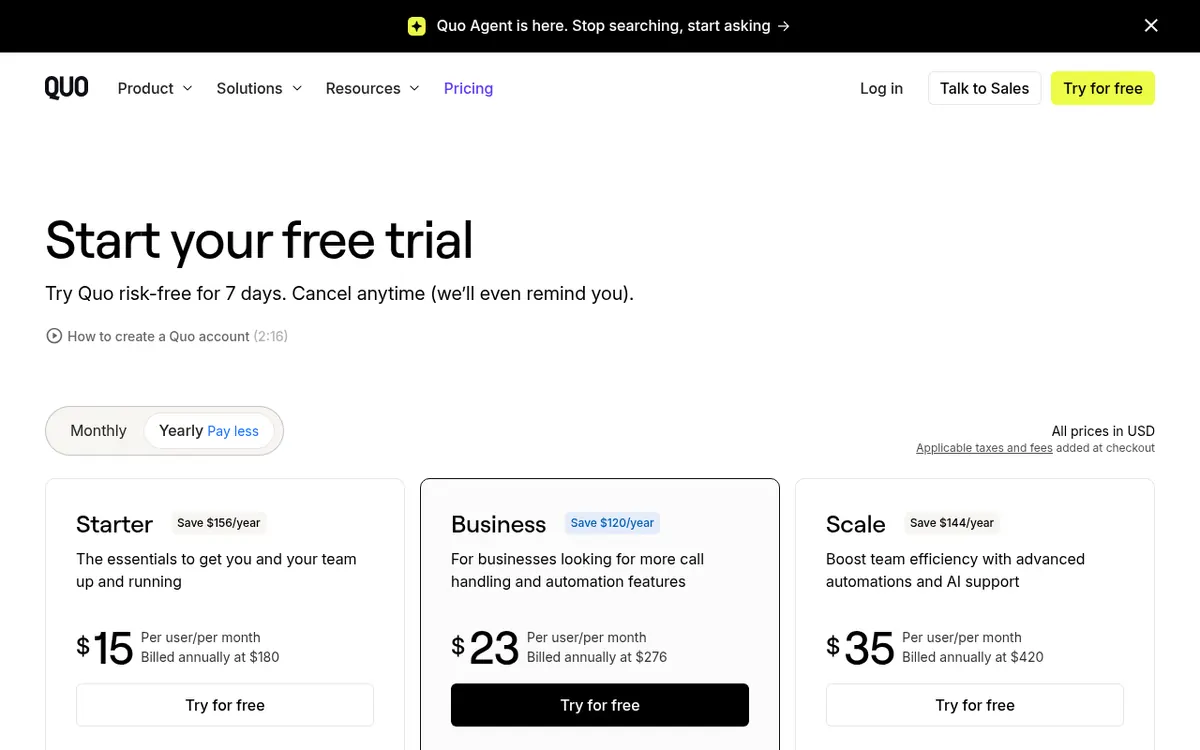 Captura de la página de precios de Quo (formerly OpenPhone) AI agent (https://www.quo.com/pricing)