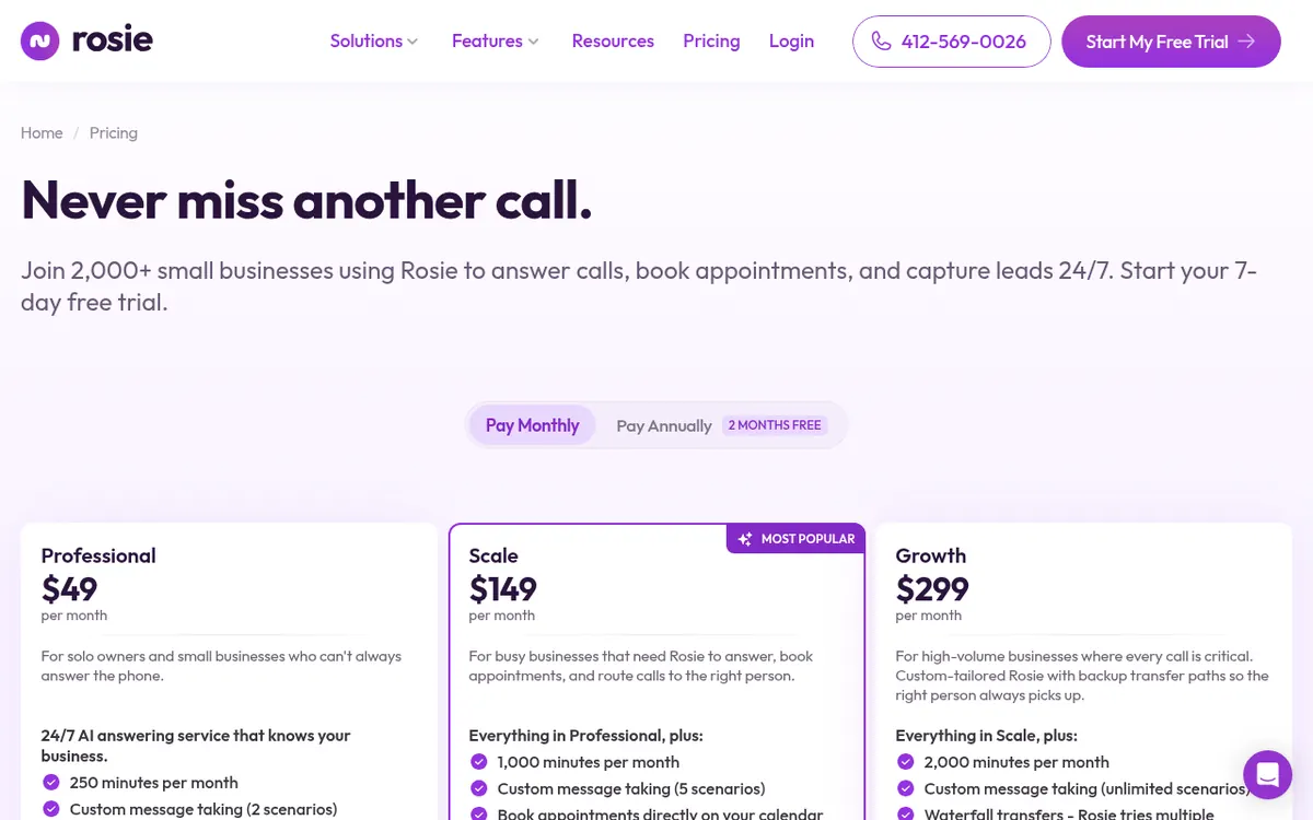 Captura de la página de precios de Rosie (https://heyrosie.com/pricing)