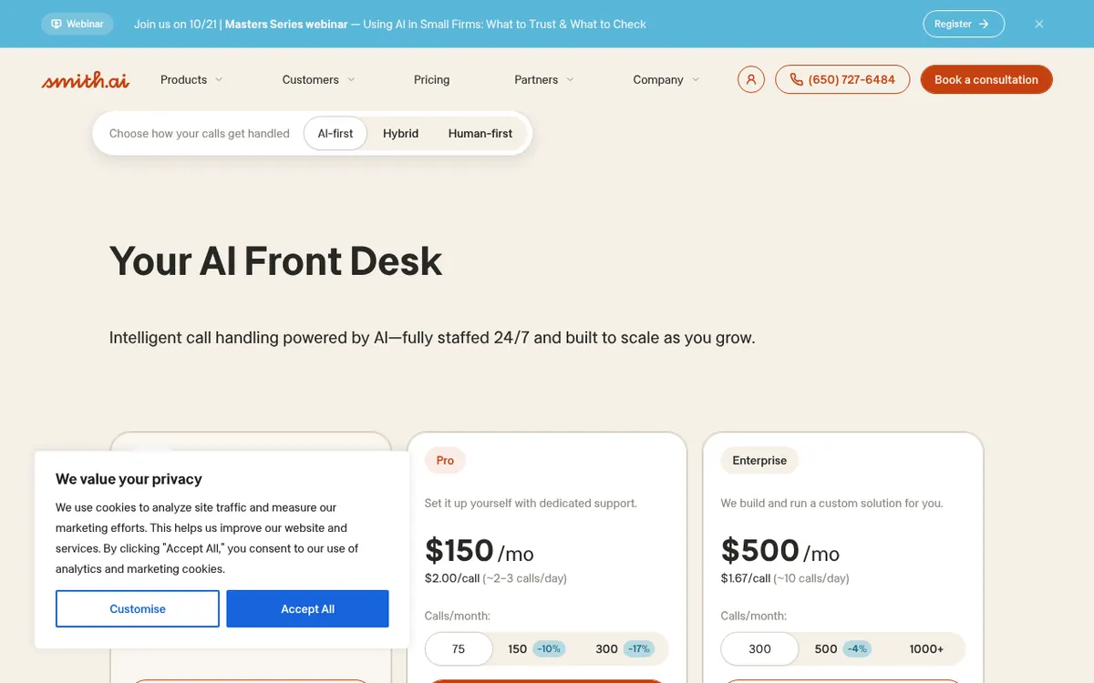 Captura de la página de precios de Smith.ai AI Receptionist (https://smith.ai/pricing/ai-receptionist)