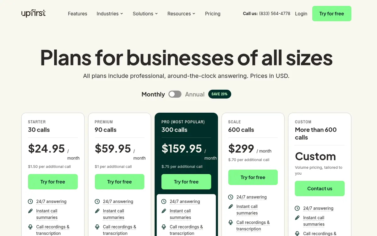 Captura de la página de precios de Upfirst (https://upfirst.ai/pricing)
